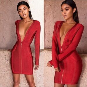 NWT HOUSE OF CB VALERIA Burnt Orange Deep V-Neckline Bandage Mini Dress. Size M